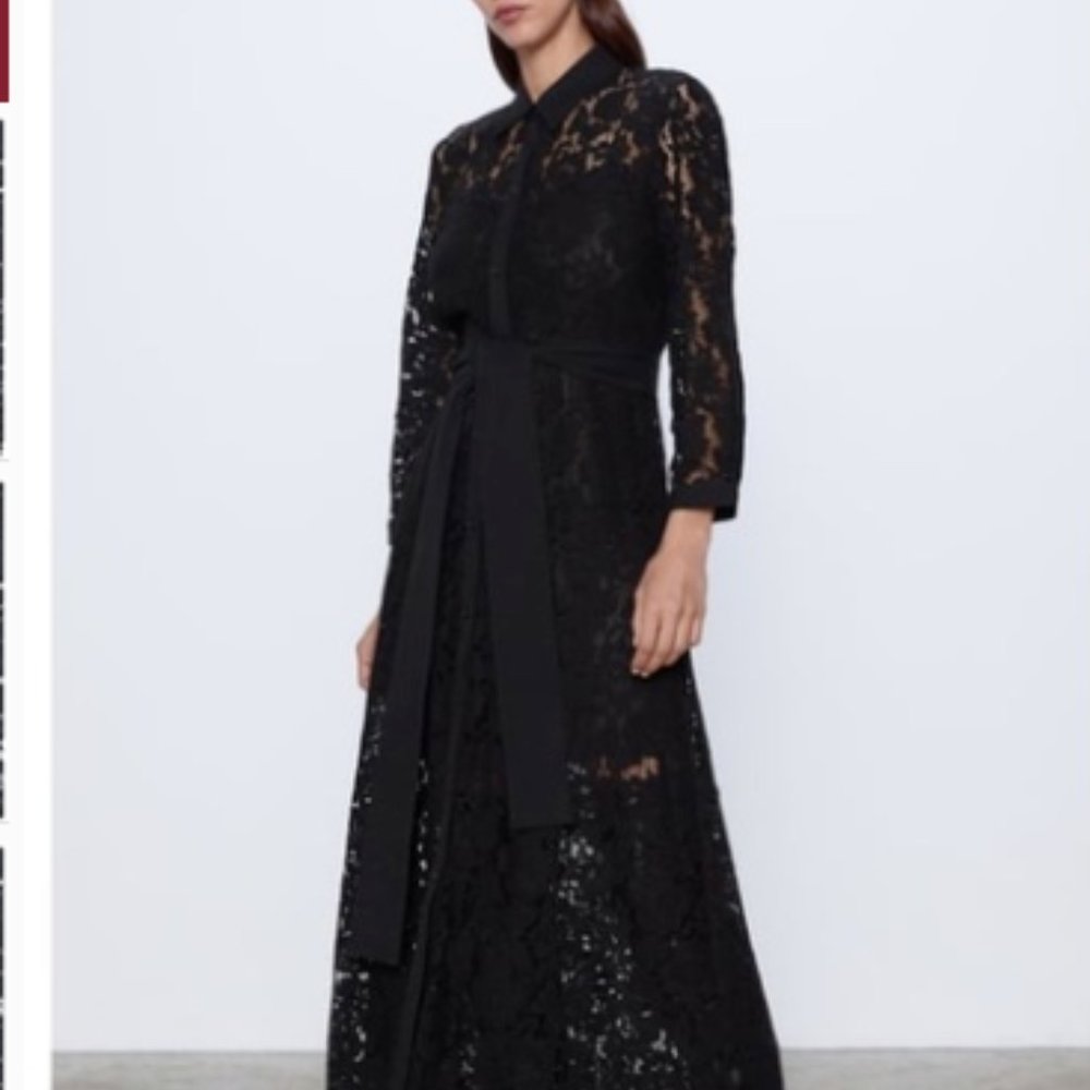 Zara Womens Lace Maxi Shirt Dress M Black L/S